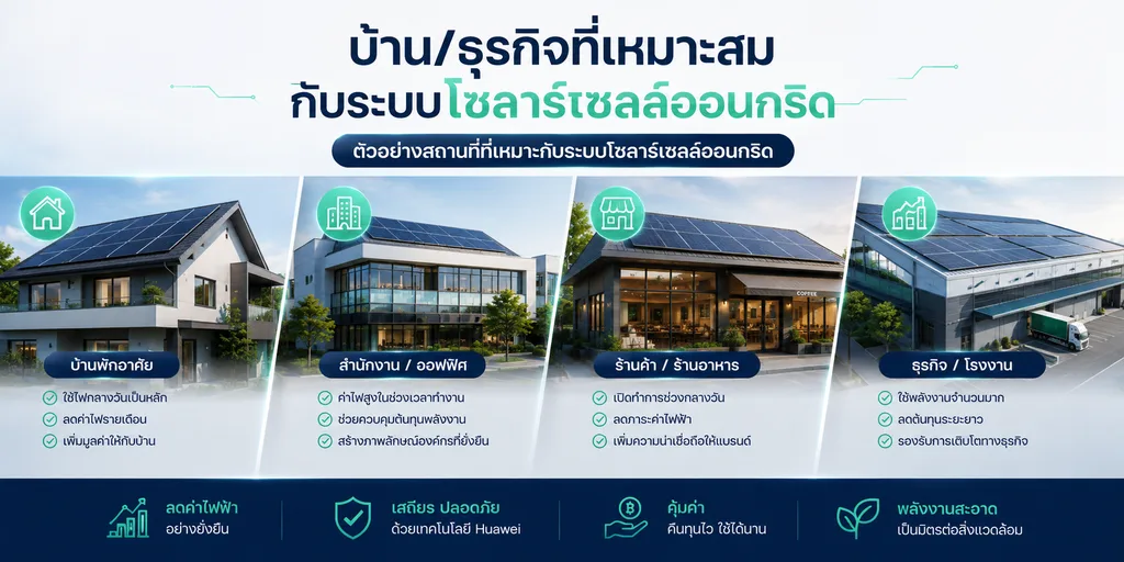 ติดตั้งระบบออนกริด Huawei กับ Sunnergy ผู้เชี่ยวชาญประสบการณ์มากกว่า 14 ปี 4 ติดตั้งระบบออนกริด Huawei กับ Sunnergy ผู้เชี่ยวชาญประสบการณ์มากกว่า 14 ปี 4